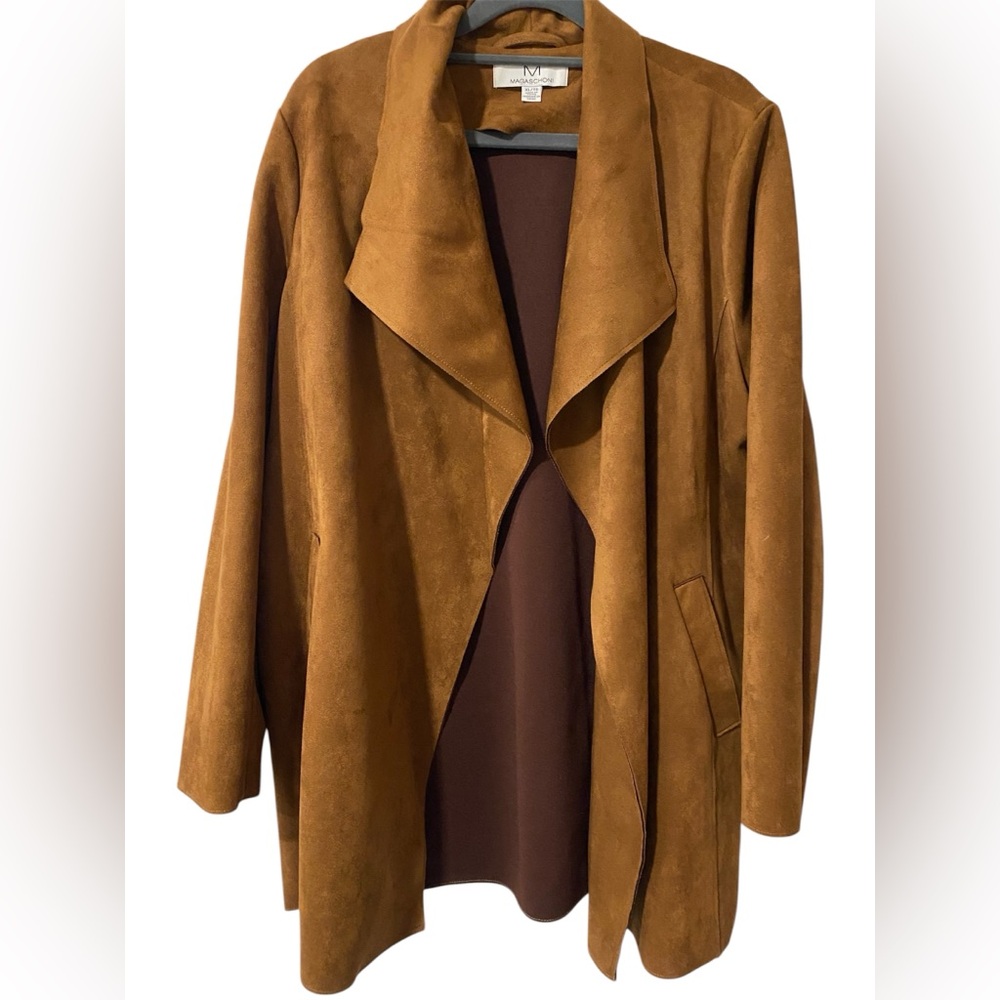 Magaschoni Camel Faux Suede Draped Trench Coat